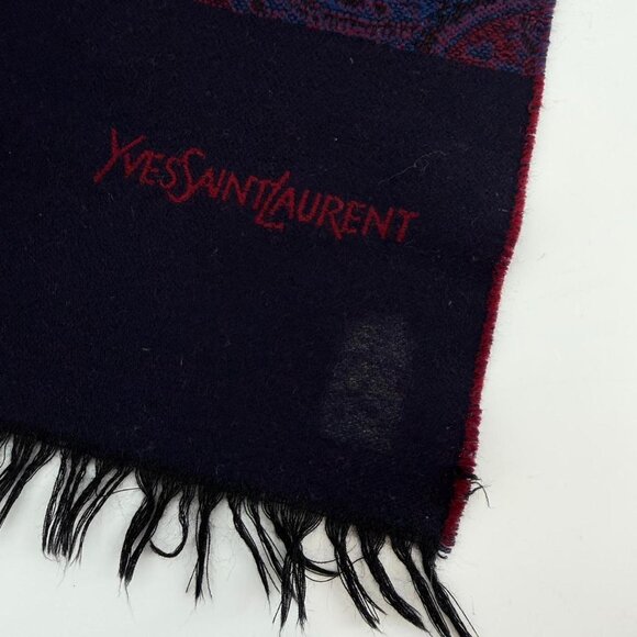 Vintage Yves Saint Laurent Scarf Paisley Burgundy Blue Fringe Wool YSL - Picture 4 of 6